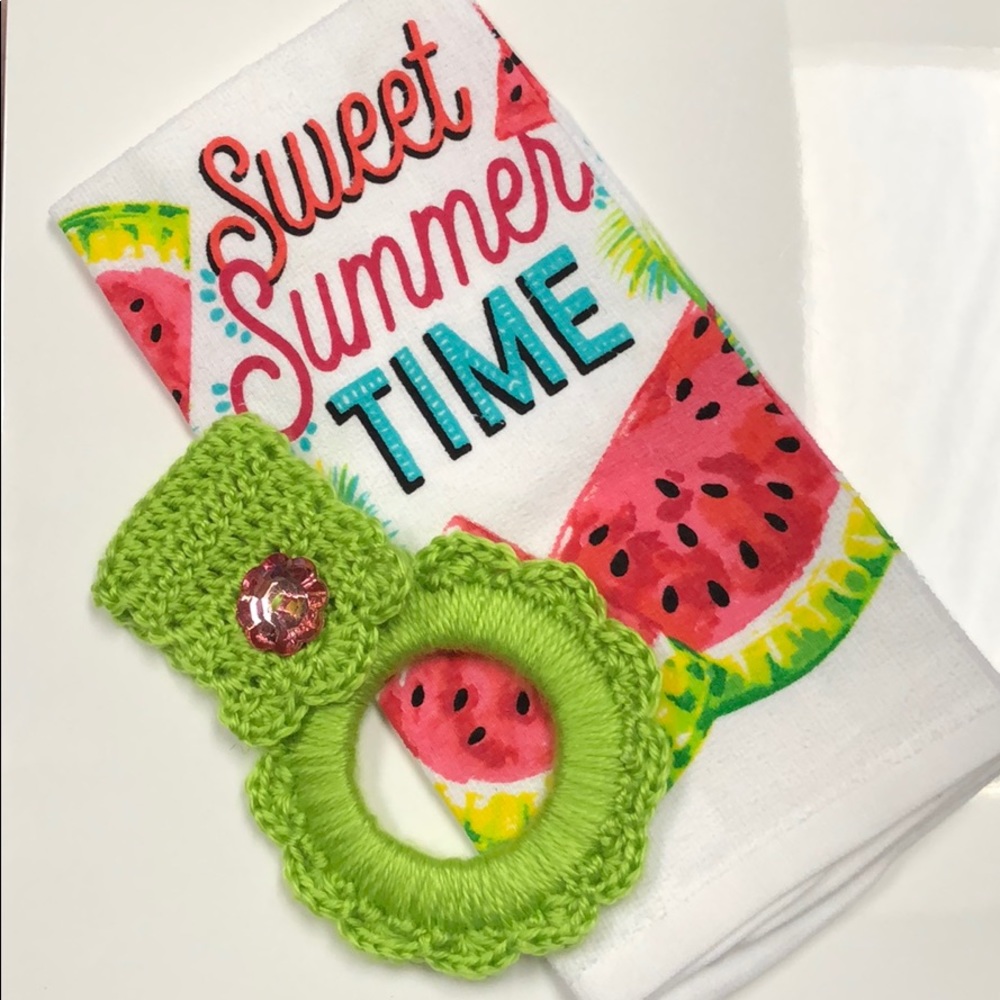 Watermelon kitchen towel with oven towel hanger. Great gift idea. Handmade